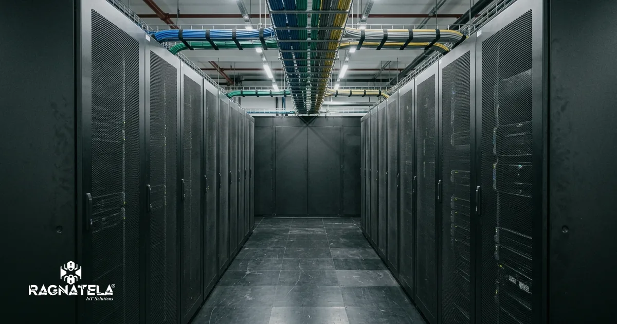 Corredor de data center com racks em fileira e piso elevado, onde ficam os servidores da nuvem privada dos clientes.
