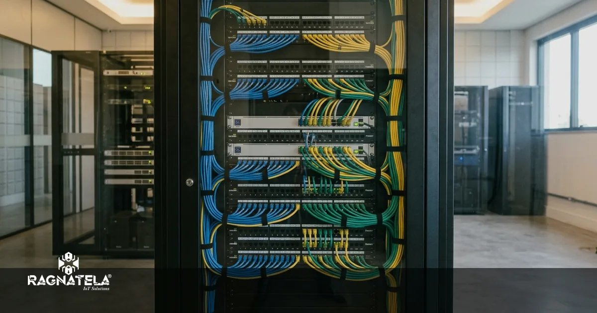 Dois equipamentos de rede montados lado a lado no mesmo rack de sala tecnica, com os cabos identificados e os LEDs de atividade acesos.