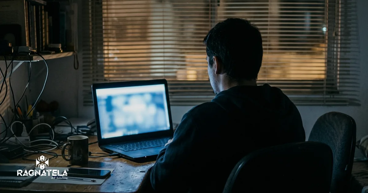 Pessoa de costas diante de um notebook num escritório escuro, à noite, com a tela clara sendo a única fonte de luz e uma persiana fechada ao fundo.