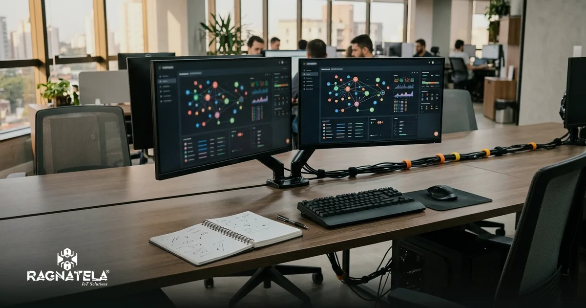 Estacao de trabalho de escritorio com dois monitores ligados, vista de lado, num ambiente corporativo com luz natural.