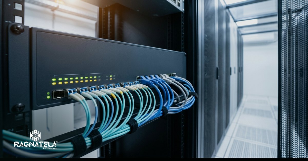 Appliance de segurança de rede montado em rack de sala técnica, com LEDs de status acesos e cabos de fibra e de rede alinhados.