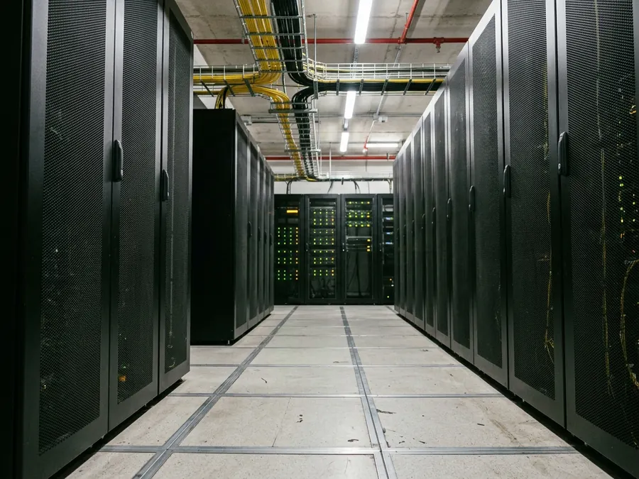 Corredor entre fileiras de racks num data center, com bandeja de fibra passando pelo teto