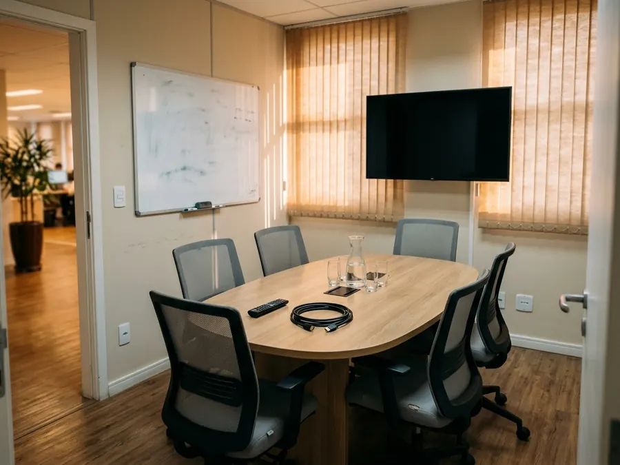 Sala de reunião de escritório, com mesa, cadeiras e a tela de apresentação na parede