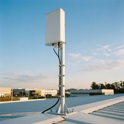 Antena de rede móvel privativa instalada em mastro no alto de um galpão industrial