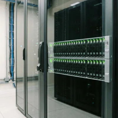 Servidor de armazenamento corporativo com fileiras de discos, dentro de rack fechado em sala técnica de data center