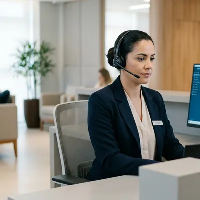 Atendente de headset num balcão de recepção moderno, com a sala de espera da clínica ao fundo