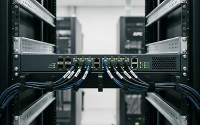 Appliance de seguran&ccedil;a de rede em rack fechado, com cabos alinhados nas portas e LEDs de status acesos