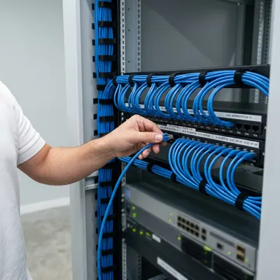 Rack de rede organizado, com cabos azuis alinhados e identificados por etiqueta industrial, durante a implantação
