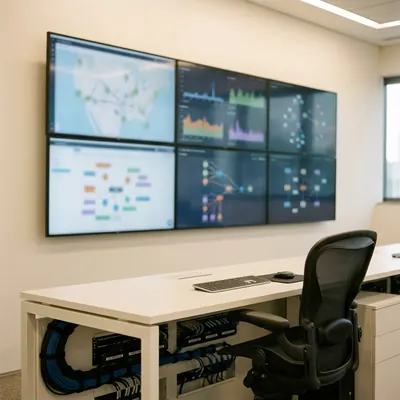 Sala de operação de rede com painel de monitores exibindo gráficos de monitoramento e bancada de operação alinhada