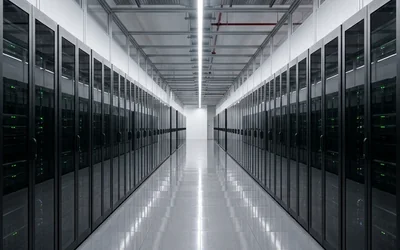 Corredor de data center com racks fechados alinhados dos dois lados e piso elevado reflexivo