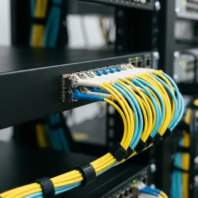 Close das portas de fibra óptica de um switch de núcleo, com cordões amarelos e azuis organizados em feixe