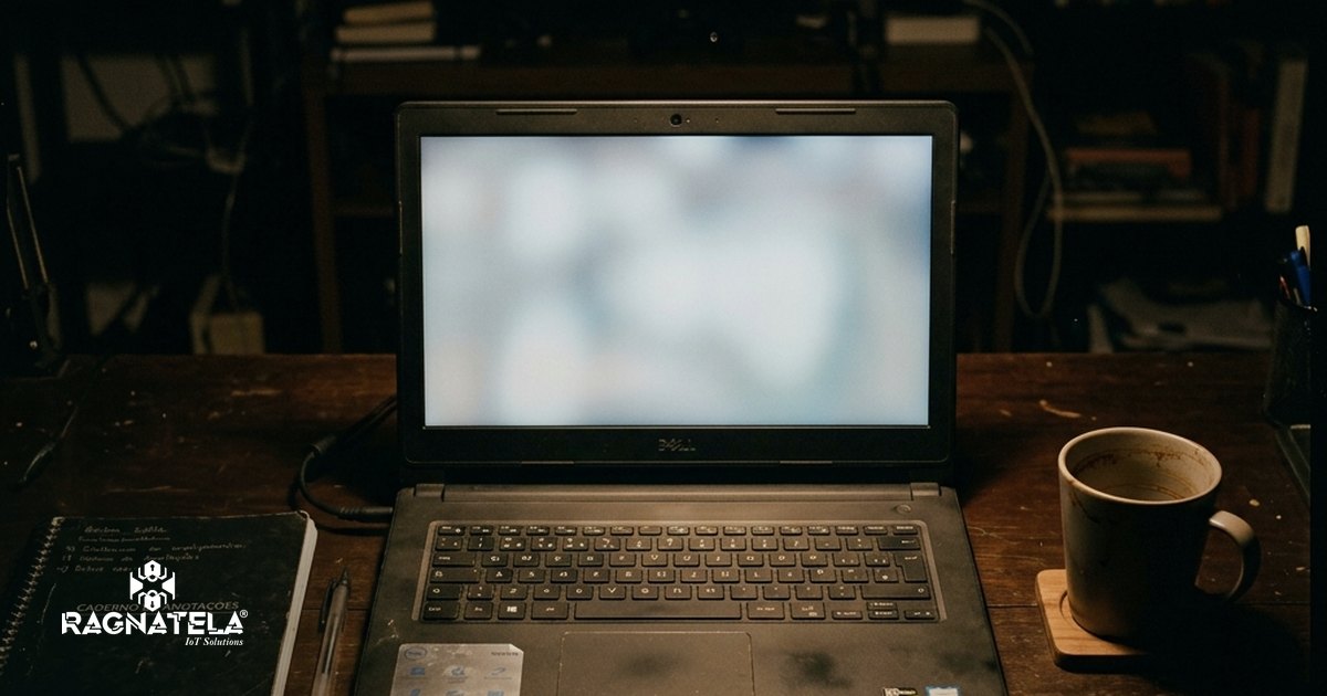 Notebook aberto à noite sobre uma mesa de escritório, com pastas de arquivos na tela e a sala vazia ao fundo