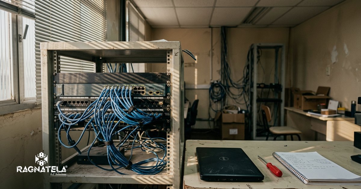 Rack de rede aberto em sala técnica de empresa, com switch, patch panel e cabos azuis organizados por abraçadeiras, luzes das portas acesas e luz de janela entrando de lado.