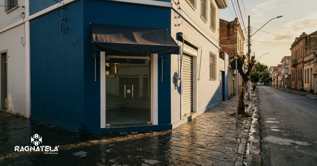 Fachada de loja de esquina com a porta de vidro fechada no começo da manhã, calçada limpa e rua de bairro vazia.