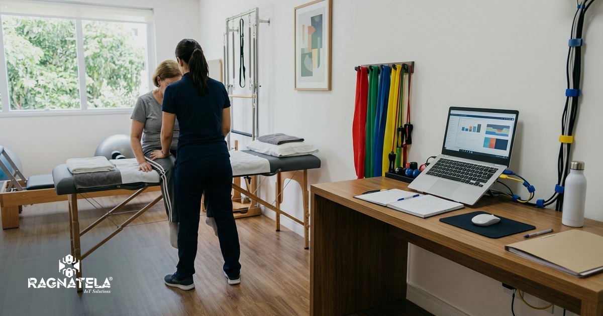 Sala de fisioterapia organizada e iluminada, com maca, faixas elásticas e o computador do profissional sobre a bancada lateral
