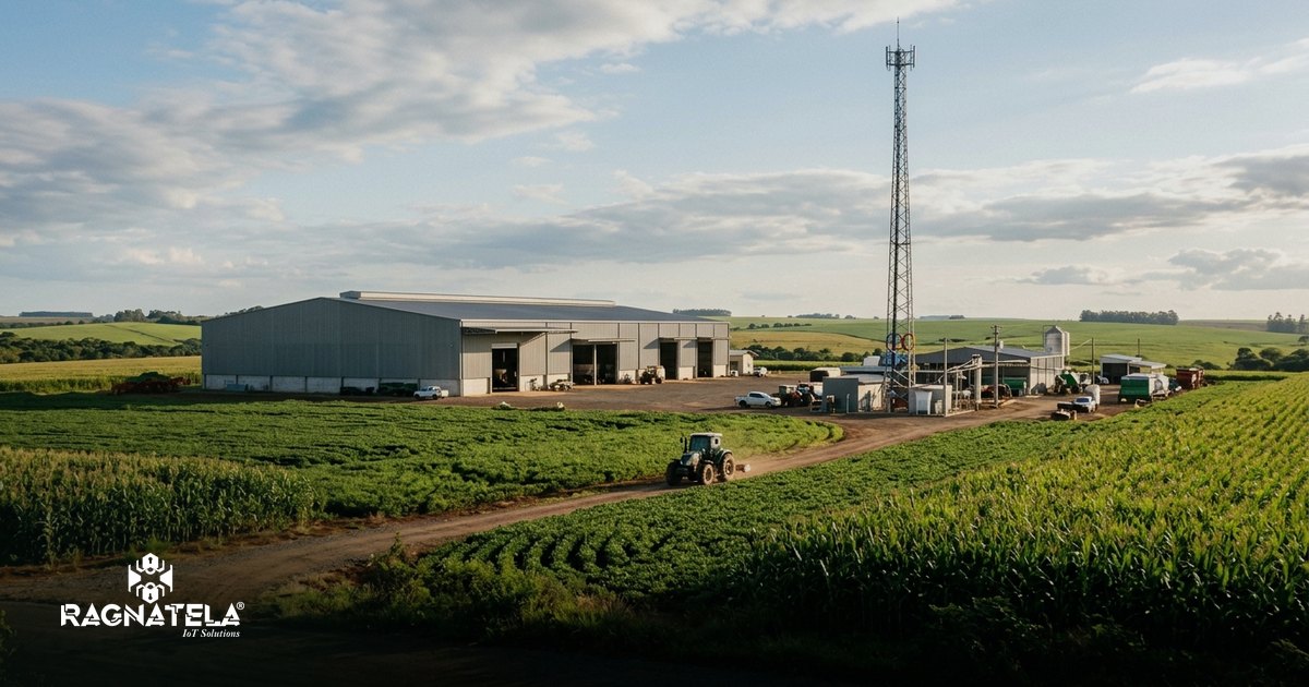 Vista aberta de área rural produtiva com galpão ao fundo e um mastro de antena recortado contra o céu
