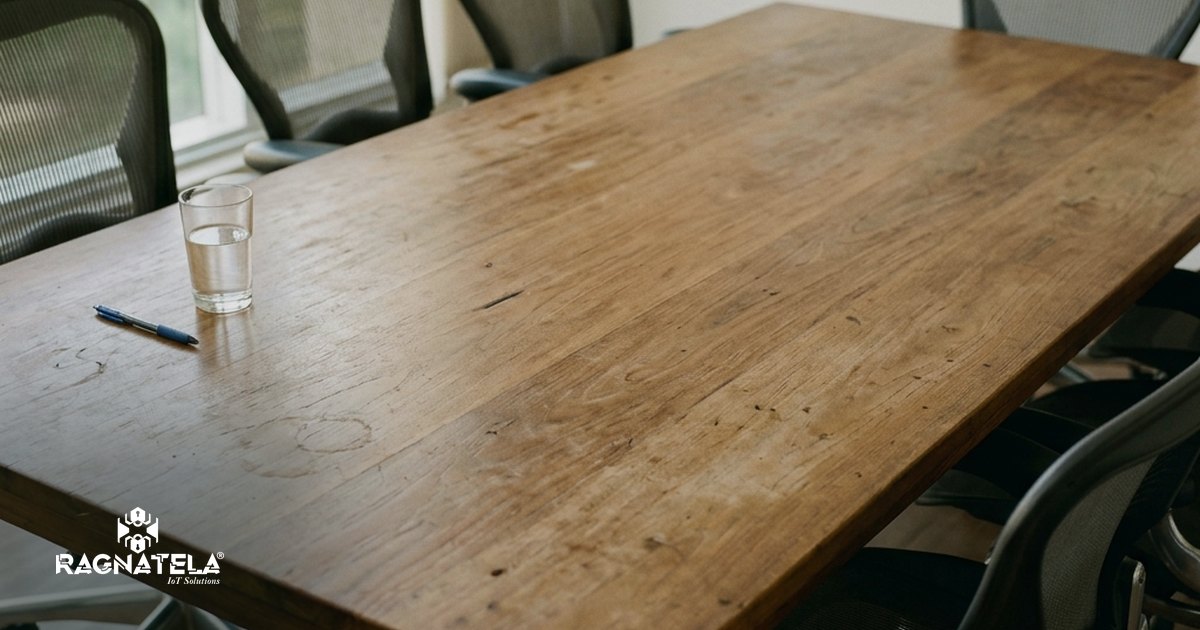 Mesa de atendimento com cadeiras vazias e um computador ligado, sala iluminada por luz natural ao final do dia