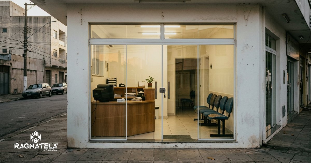 Fachada de vidro de uma clínica de bairro no início da manhã, com a porta ainda fechada e a recepção organizada, limpa e bem iluminada vista através da vidraça.
