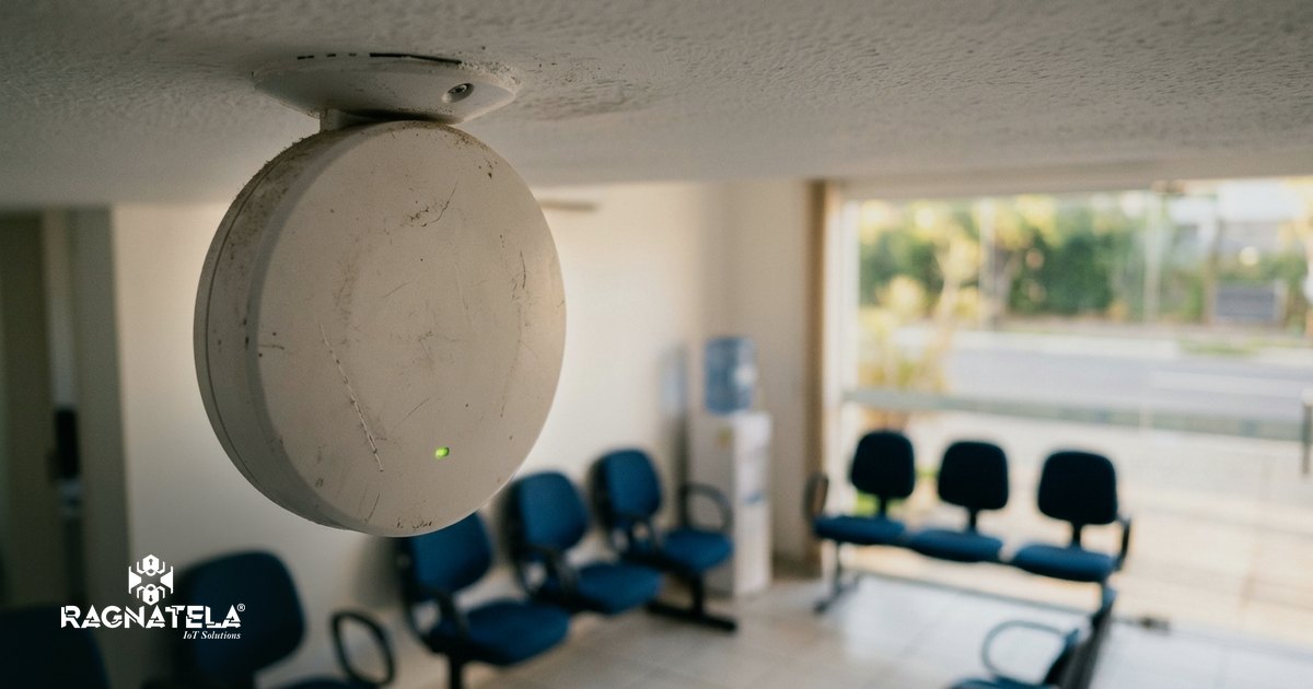 Close de um ponto de acesso Wi-Fi fixado no forro da recepção clara e organizada de uma clínica, com poltronas de espera desfocadas ao fundo.