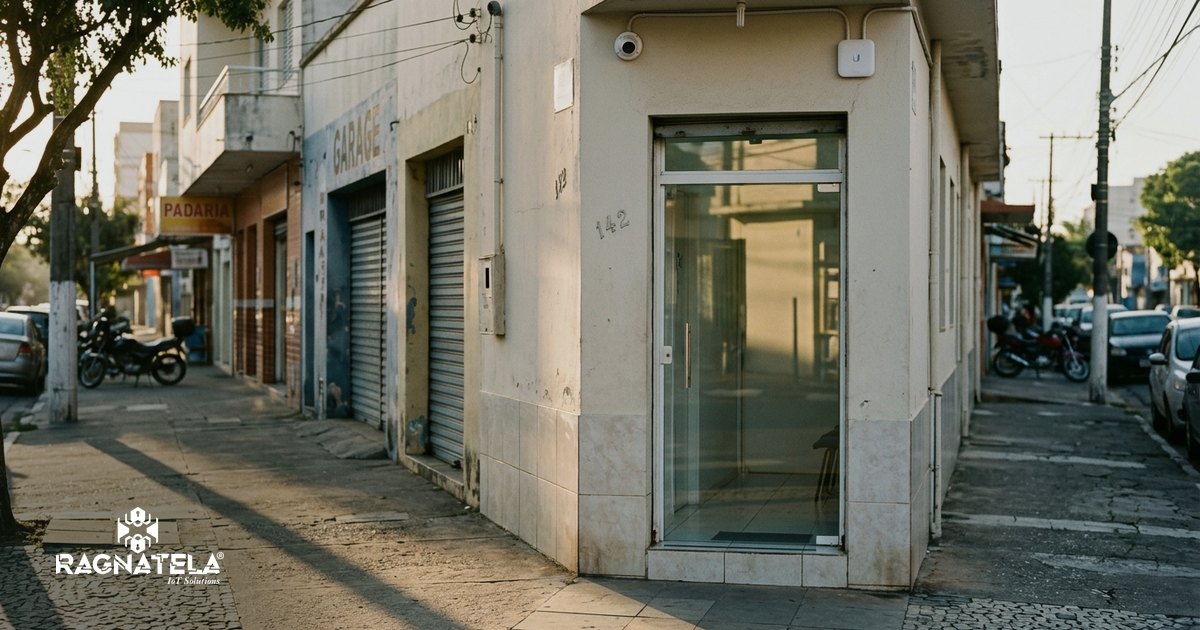 Fachada limpa e bem iluminada de uma clínica de bairro no começo da manhã, com a porta de vidro fechada, calçada vazia e uma câmera de segurança e um ponto de acesso de Wi-Fi instalados acima da entrada.