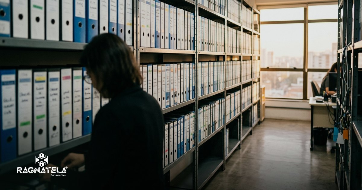Estante de arquivo de escritório de contabilidade, pastas alinhadas e identificadas, com luz de fim de tarde entrando pela janela