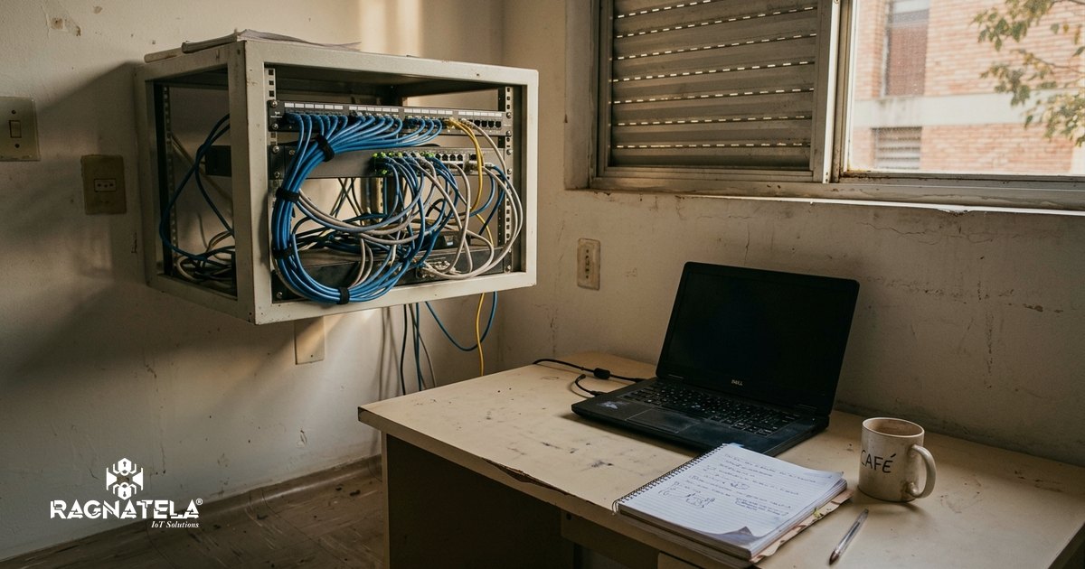Rack de rede aberto na parede de uma sala técnica de clínica, com switch, patch panel e cabos azuis organizados, ao lado de uma bancada com notebook fechado, sob luz natural do fim da tarde.