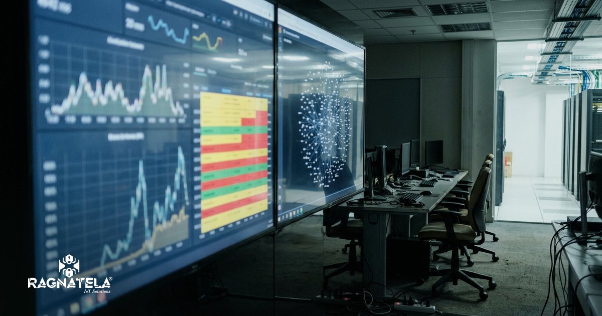 Tela larga de monitoramento de rede na sala de operações de um data center, com gráficos de linha, coluna de eventos e mapa de pontos fora de foco, ambiente organizado, limpo e bem iluminado, sem nenhuma pessoa no quadro.