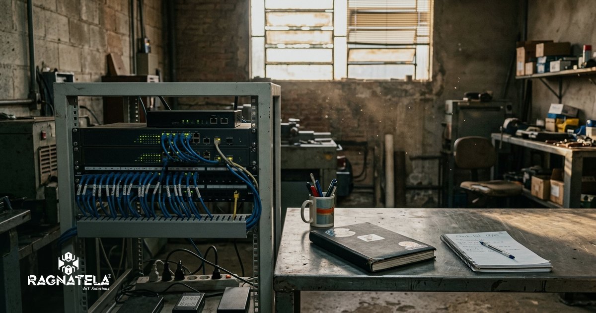 Rack de rede aberto em sala de equipamentos de uma pequena indústria, com cabos azuis organizados em canaletas, luzes de link acesas e um notebook de manutenção fechado sobre a bancada de metal ao lado.