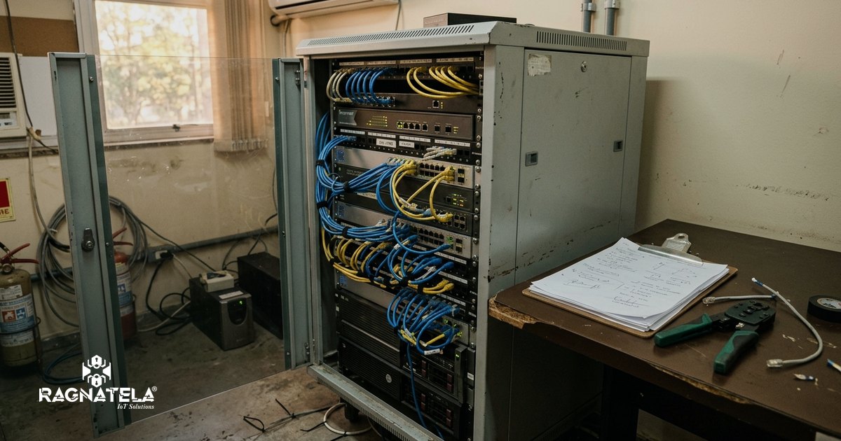 Rack aberto em sala técnica de empresa, com firewall e switches, cabos de rede organizados e luzes de status acesas.