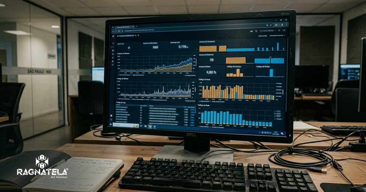 Close de um monitor em sala de monitoramento exibindo um painel com linhas de gráfico e barras coloridas, sobre uma bancada organizada, limpa e bem iluminada, sem pessoas no enquadramento.