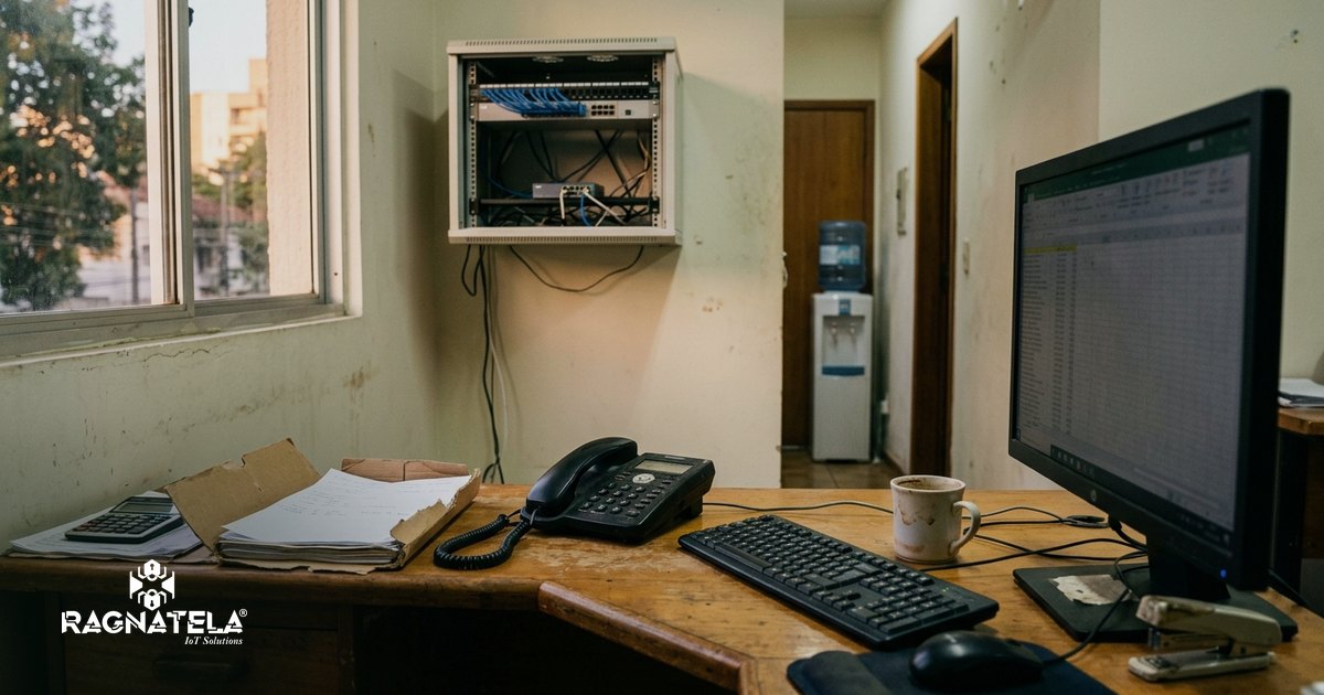 Mesa do setor financeiro de um escritório com telefone fixo, teclado e monitor desfocado, e um pequeno rack de rede com cabos azuis ao fundo do corredor.