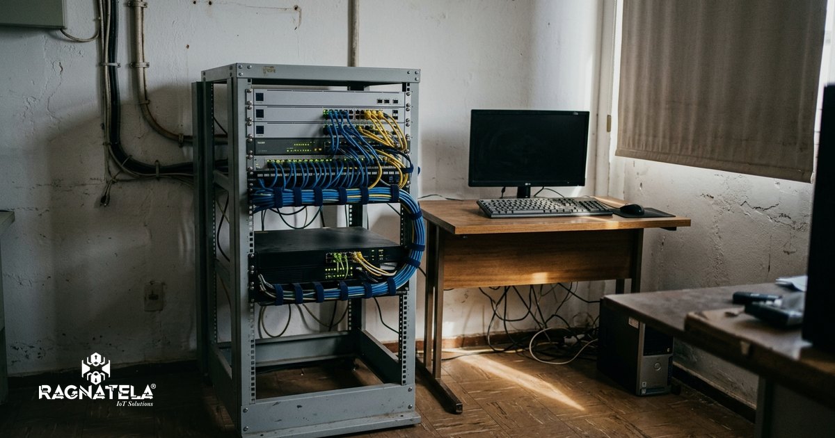 Rack de rede aberto em sala de equipamentos de uma empresa, com switches acesos e cabos azuis e amarelos organizados em bandeja, sem nenhuma pessoa no ambiente.