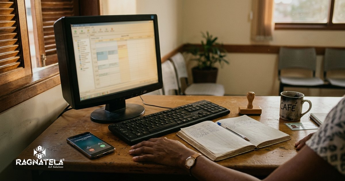 Balcão de recepção de clínica com monitor ligado, agenda aberta e celular pessoal tocando ao lado do teclado, sob luz de fim de tarde.
