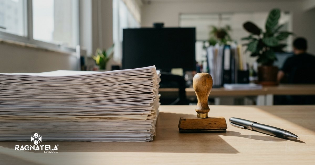 Pilha de documentos vista pela borda sobre a mesa de madeira de um escritório administrativo, com carimbo e caneta ao lado e luz natural da janela pela manhã.