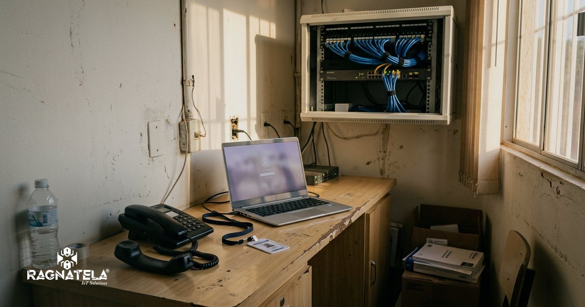 Telefone fixo fora do gancho sobre bancada de sala técnica, com notebook aberto e rack de rede com cabos azuis ao fundo, em luz de fim de tarde.