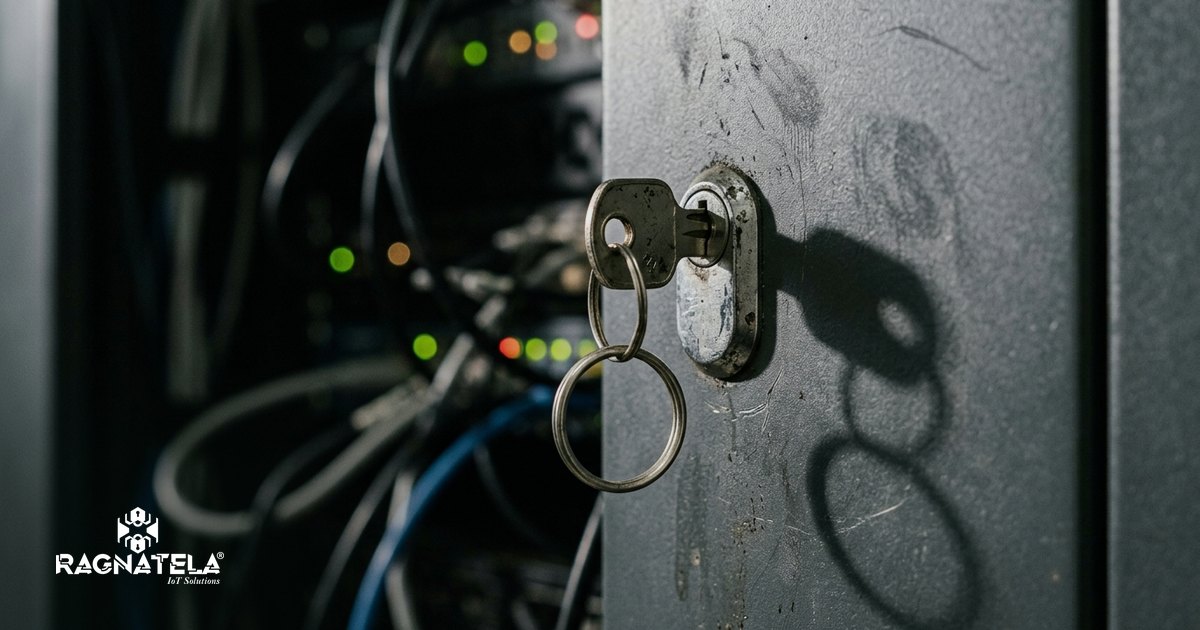 Chave esquecida na fechadura da porta de aço de um armário de servidores, com luzes de equipamento de rede desfocadas ao fundo em sala técnica de pouca luz.