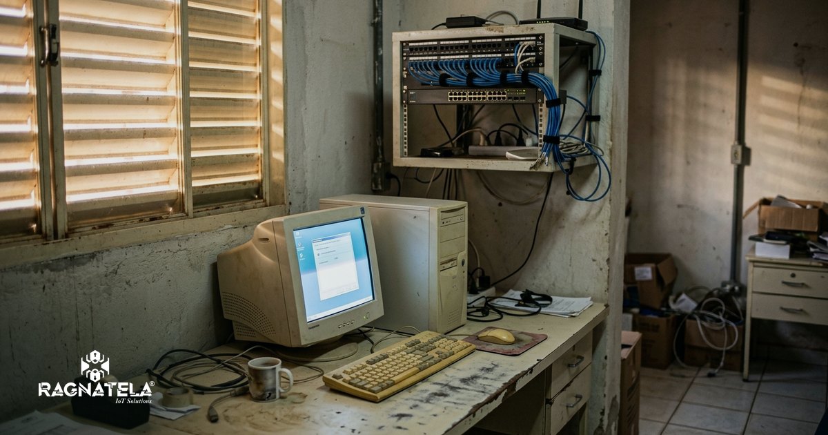 Bancada de trabalho com computador de mesa em uma clínica, ao lado de um rack de parede com switch e cabos azuis organizados, sob a luz do fim da tarde.