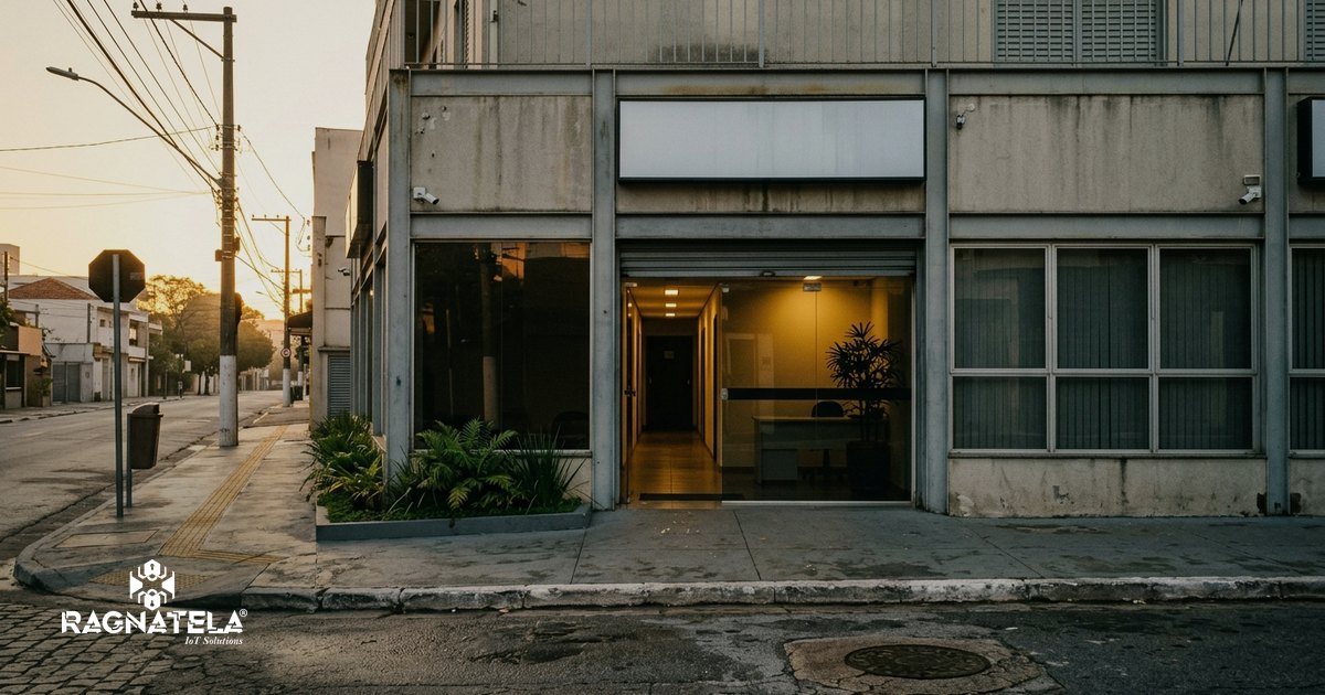 Fachada de vidro de um prédio comercial de bairro ainda fechada no começo da manhã, com a calçada limpa e a rua vazia.