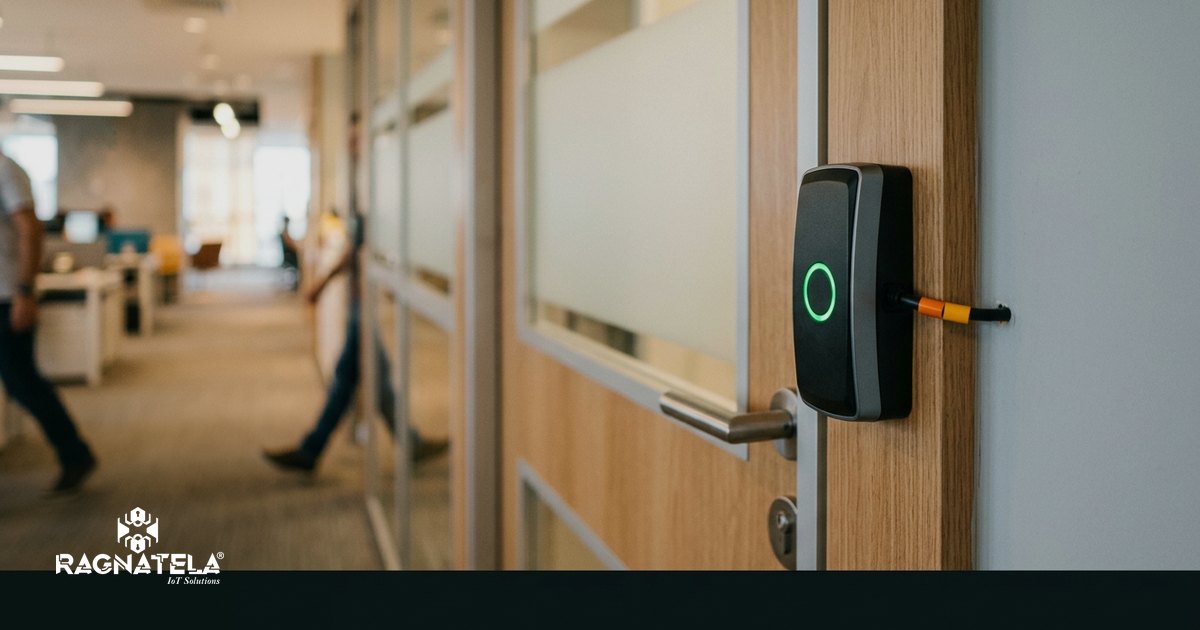 Detalhe de leitor de crachá na porta de uma sala técnica, com a luz de status acesa, e o corredor do escritório desfocado ao fundo
