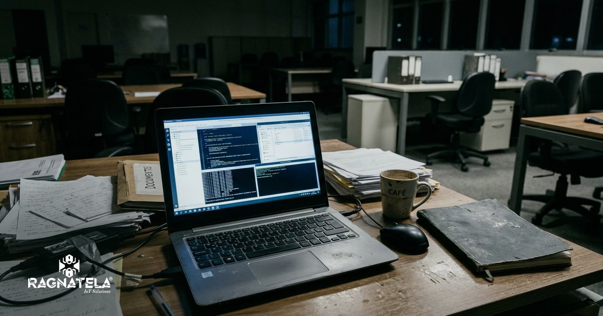 Notebook aberto sozinho sobre a mesa de um escritório vazio à noite, com janelas de código e terminal abertas na tela — a única fonte de luz do ambiente.