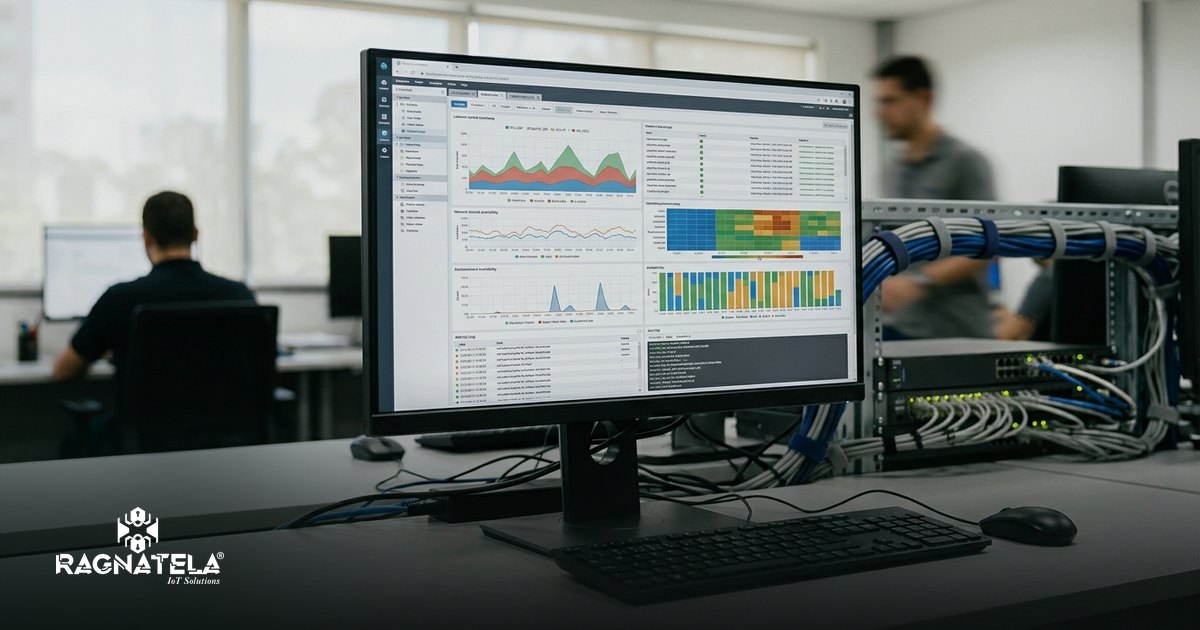 Tela de um painel de monitoramento de rede com gráficos de latência e disponibilidade, vista de perto num ambiente de operação