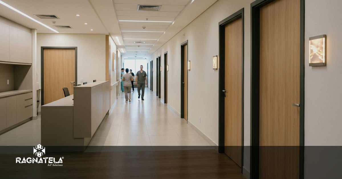 Corredor de clínica com portas de consultório fechadas e a luz do painel de senha acesa ao fundo