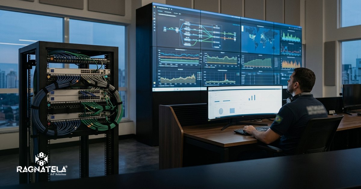 Painel de monitoramento de rede exibido em tela grande numa sala técnica, com gráficos estáveis e luz baixa