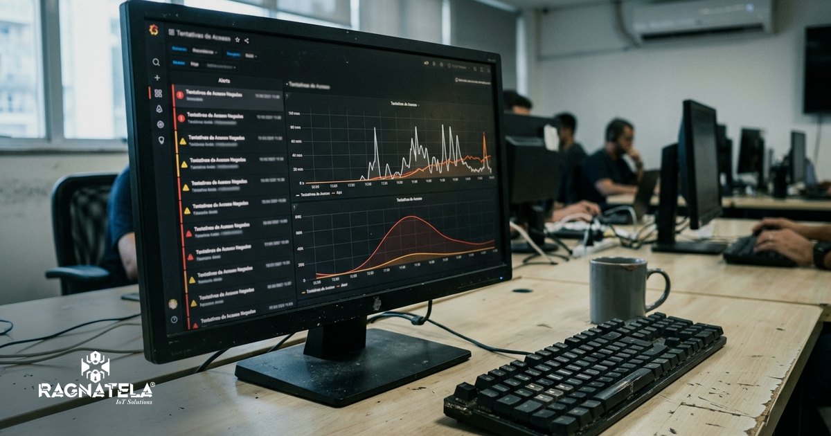 Monitor sobre bancada clara exibindo um painel de monitoramento com gráficos de linha e uma coluna de alertas desfocados e ilegíveis, em sala organizada, limpa e bem iluminada, sem pessoas em quadro.