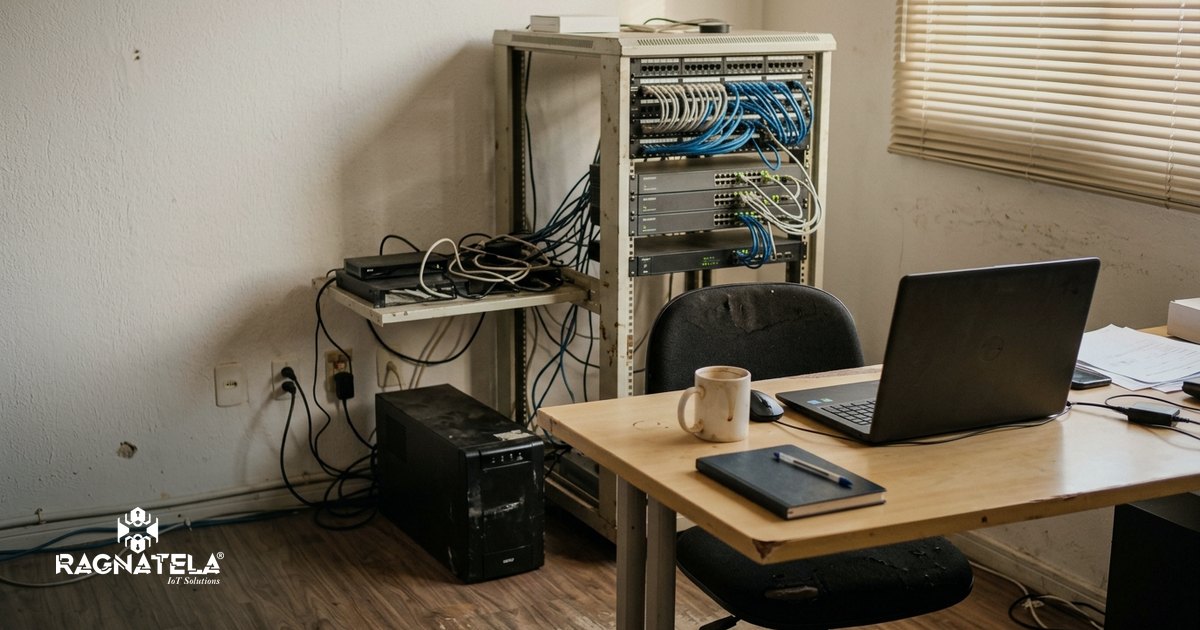 Rack de rede aberto em sala técnica de empresa, com switches acesos e cabos organizados em patch panel, ao lado de uma mesa de trabalho com notebook aberto e caneca de café.
