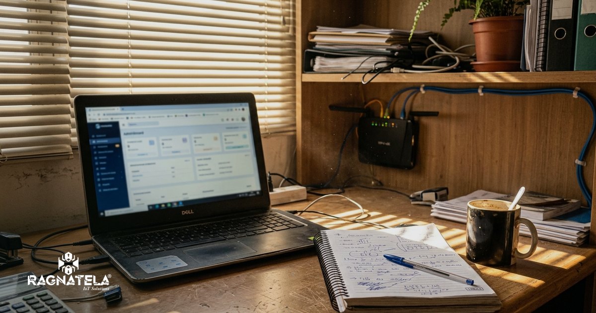 Notebook aberto sobre mesa de escritório com painel de site desfocado na tela, caderno de anotações ao lado e roteador com luzes acesas na estante ao fundo.
