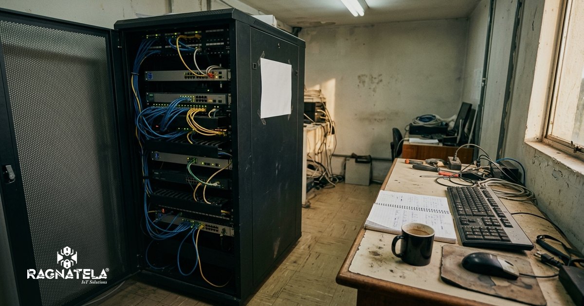 Rack de servidores aberto em sala técnica de empresa, com cabos de rede organizados em calhas e luzes de status acesas nos equipamentos, ao lado de uma bancada com teclado e caderno.