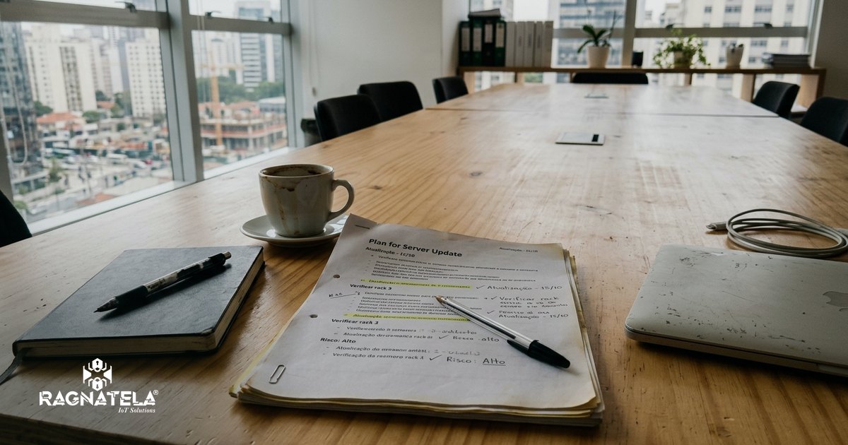 Mesa de reunião clara e organizada, com um plano impresso de atualização de servidores marcado a caneta, caderno e xícara de café, sob a luz da manhã de uma janela alta.