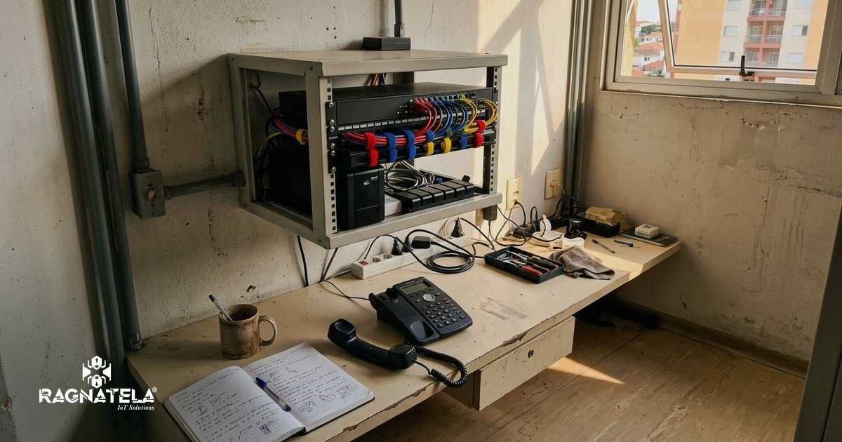 Rack de parede aberto em sala técnica de clínica, com switch, nobreak e cabos de rede organizados, e um telefone de mesa fora do gancho sobre a bancada de fórmica ao lado.