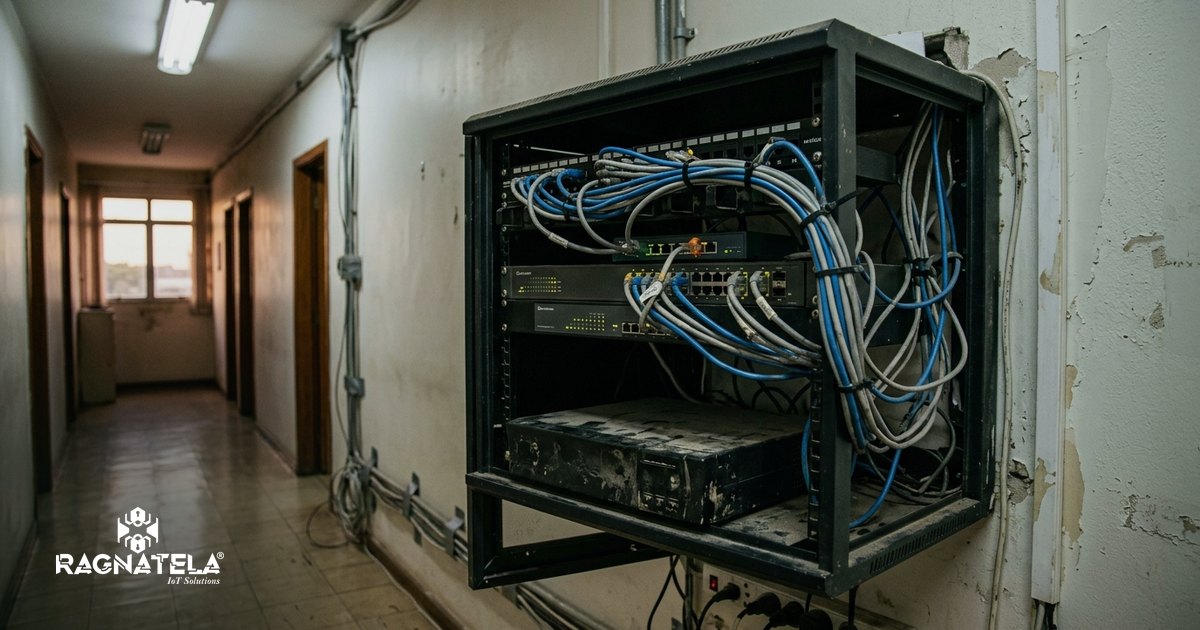 Armário de rede aberto em corredor de escritório, com switch e roteador de luzes acesas, cabos azuis organizados por abraçadeiras e um nobreak empoeirado na prateleira inferior.